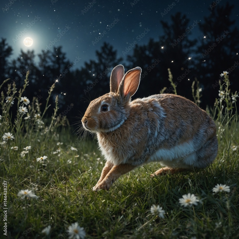 Fototapeta premium A rabbit with sparkling wings hopping across a moonlit meadow.