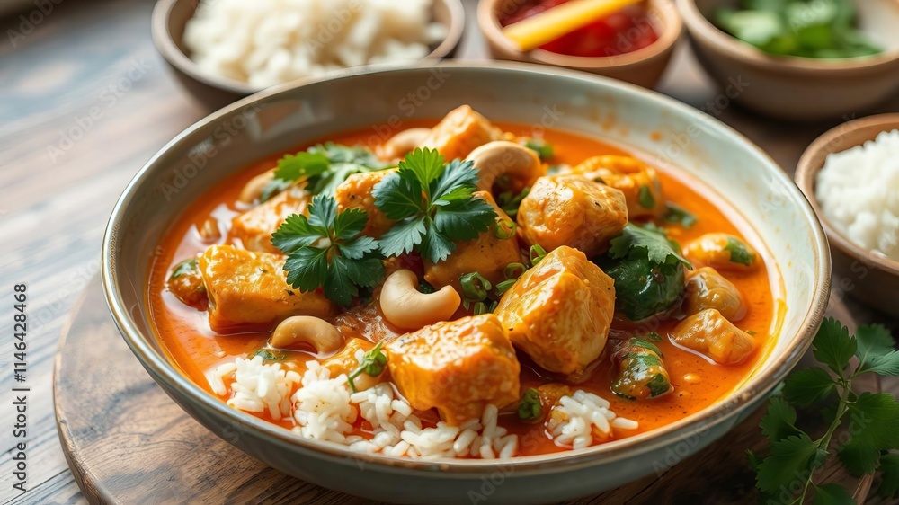 A delicious and aromatic chicken and cashew red curry with rice and herbs Thai inspired dish, traditional, cuisine A delicious and aromatic chicken and cashew red curry with rice and herbs Thai inspired dish, traditional, cuisine
