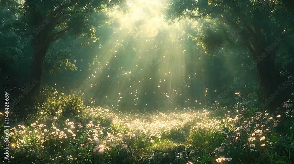Sunlit Forest Glade With Delicate White Flowers Sunlit Forest Glade With Delicate White Flowers
