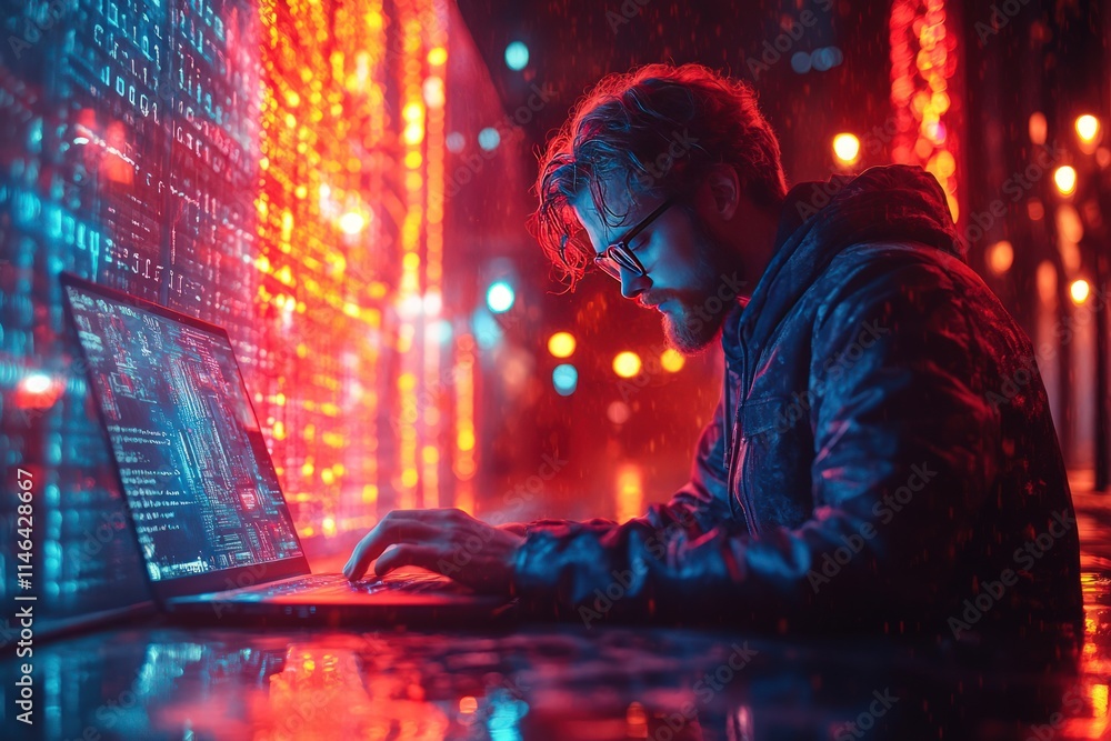Hacker coding on laptop at night, illuminated by vibrant red and blue city lights. Hacker coding on laptop at night, illuminated by vibrant red and blue city lights.