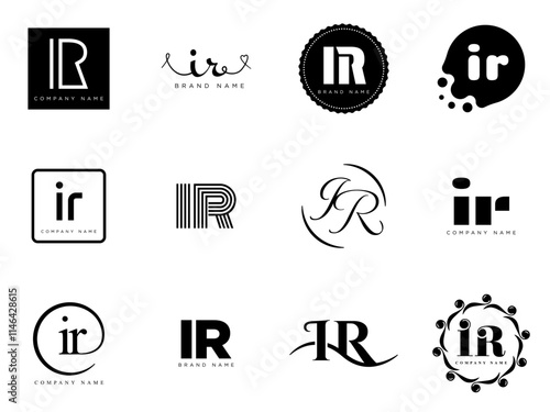 IR logo company template. Letter i and r logotype. Set different classic serif lettering and modern bold text with design elements. Initial font typography.