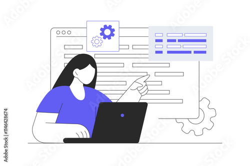 Developer Testing Software. Character software development. Online database, cloud disk. Data storage, information base. Information on monitor screen. Trendy Flat Cartoon Vector Illustration, icon