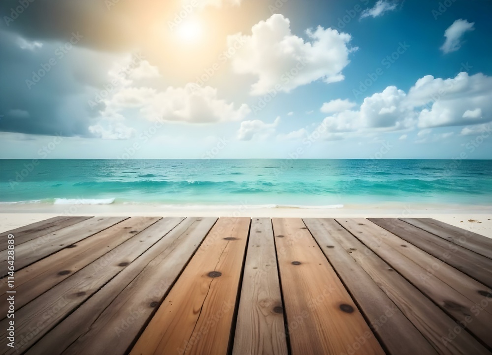 A wooden dock overlooking a calm turquoise ocean with a cloudy sky in the background A wooden dock overlooking a calm turquoise ocean with a cloudy sky in the background