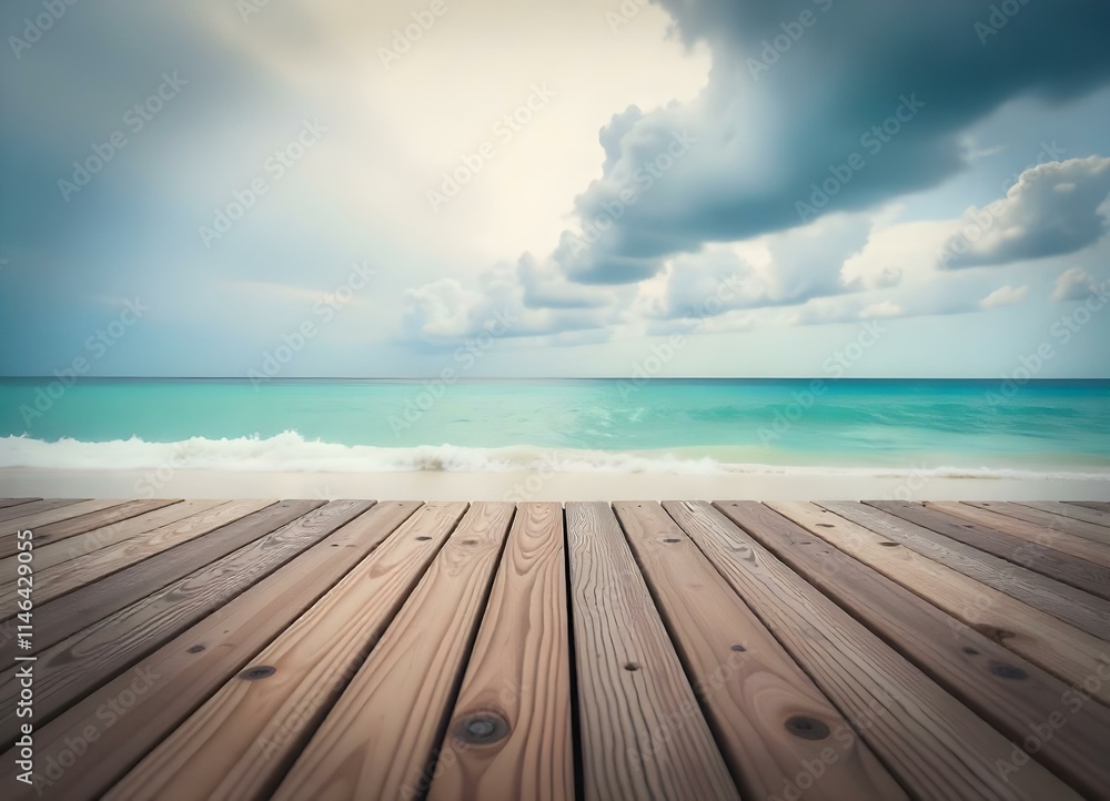 Fototapeta premium A wooden dock overlooking a calm turquoise ocean with a cloudy sky in the background