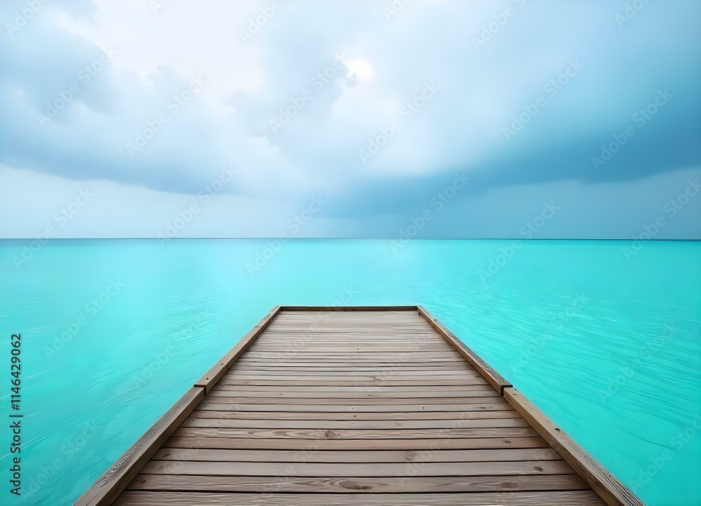 A wooden dock overlooking a calm turquoise ocean with a cloudy sky in the background A wooden dock overlooking a calm turquoise ocean with a cloudy sky in the background