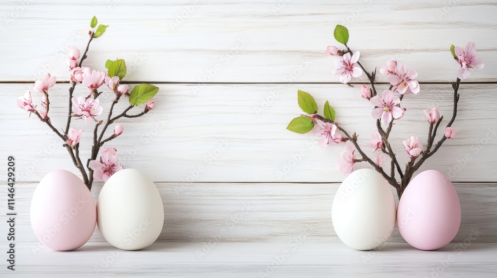 Two elegant vases filled with vibrant flowers adorn a beautifully set table, creating a cheerful ambiance perfect for Easter celebrations. Two elegant vases filled with vibrant flowers adorn a beautifully set table, creating a cheerful ambiance perfect for Easter celebrations.
