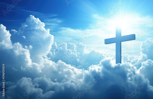Blue sky, white clouds, and rays of sunlight shining down from the top right corner to the bottom left, creating an atmosphere of hope for life in the name of Jesus Christ, with no other elements.