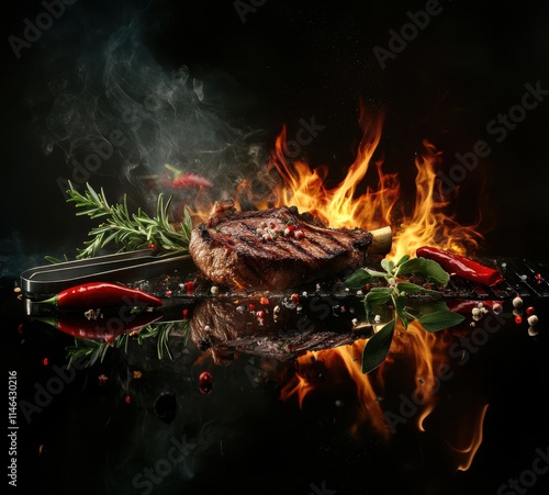 Sizzling Grilled Steak with Flames and Fresh Herbs on Black Background