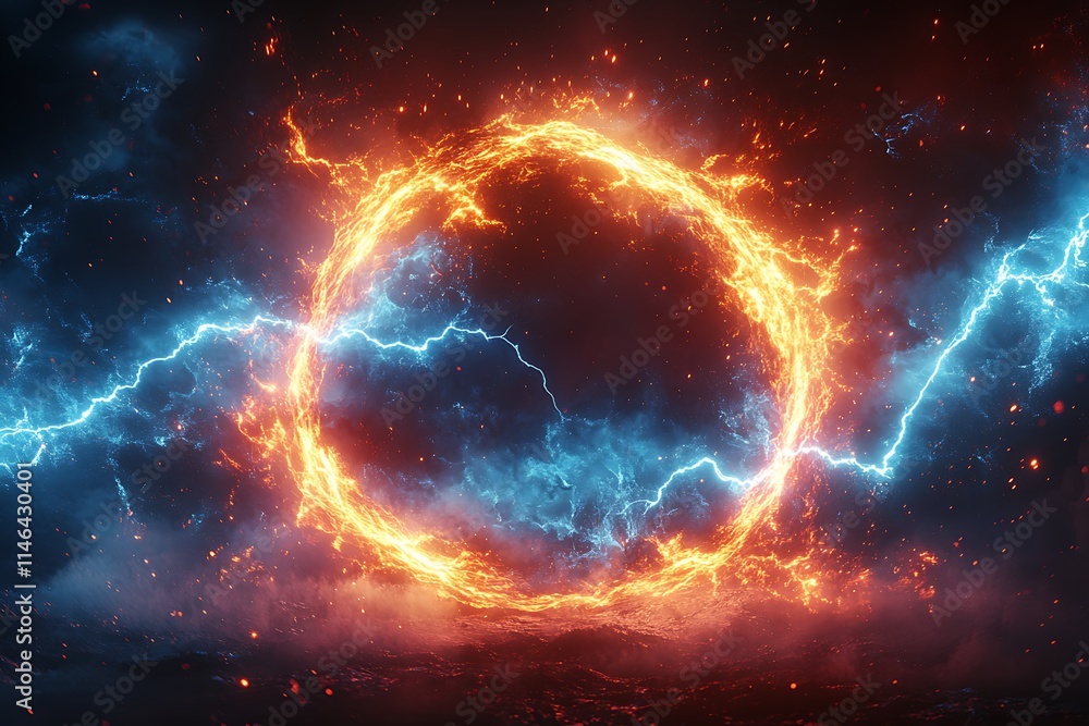Fototapeta premium Fiery Circle of Lightning: A Dramatic Clash of Fire and Ice