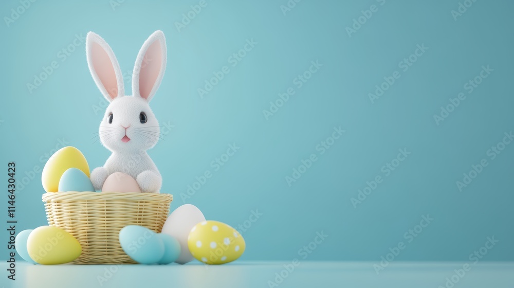 A charming small white bunny nestled in a colorful basket filled with decorated eggs, symbolizing the joy and renewal of the Easter season. A charming small white bunny nestled in a colorful basket filled with decorated eggs, symbolizing the joy and renewal of the Easter season.