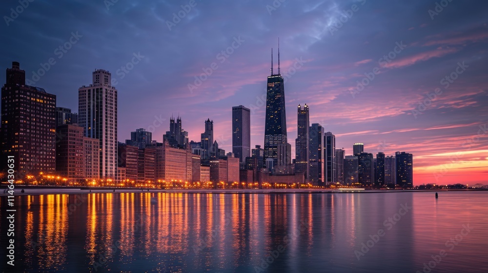 Fototapeta premium Chicago Twilight: Cityscape and Skyscrapers by the Lakefront
