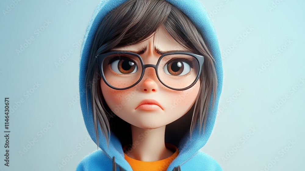 Sad Stressed Cartoon Character Young woman girl in Blue Hoodie in 3D Style on Light Background Sad Stressed Cartoon Character Young woman girl in Blue Hoodie in 3D Style on Light Background