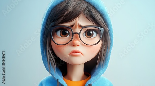 Sad Stressed Cartoon Character Young woman girl in Blue Hoodie in 3D Style on Light Background