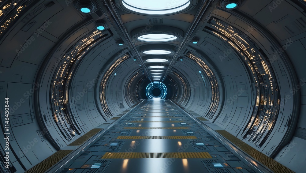 Naklejka premium Tunnel sci-fi spaceship corridor. Futuristic technology abstract for tech titles and background. graphic network, big data, data center, server, internet, speed. 3D render