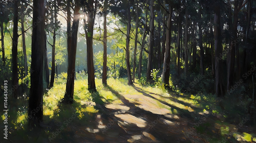 Naklejka premium A tranquil forest illuminated by dappled sunlight, with the interplay of shadows adding depth to the lush scenery