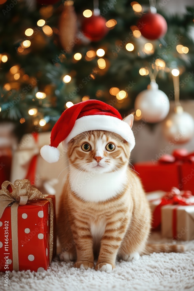 Festive christmas and new year party with a cat wearing a santa hat indoor setting color photo cozy environment Festive christmas and new year party with a cat wearing a santa hat indoor setting color photo cozy environment