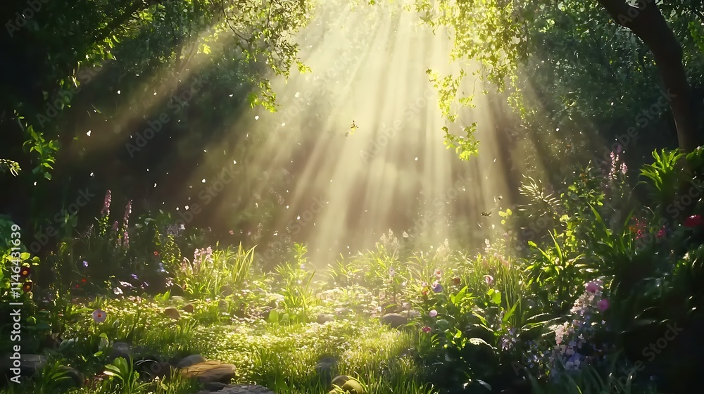Warm sunlight streaming through a woodland canopy, creating a peaceful and enchanting natural environment Warm sunlight streaming through a woodland canopy, creating a peaceful and enchanting natural environment