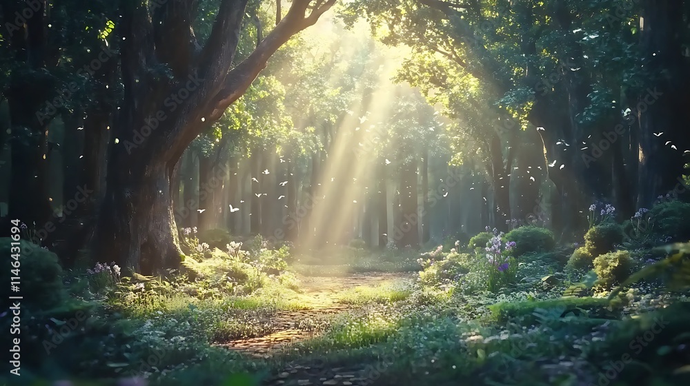 Obraz premium Warm sunlight streaming through a woodland canopy, creating a peaceful and enchanting natural environment