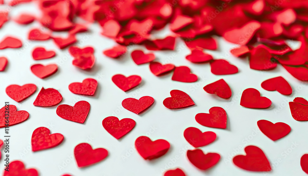 red paper hearts lie on a white background. scattered cut out red hearts red paper hearts lie on a white background. scattered cut out red hearts