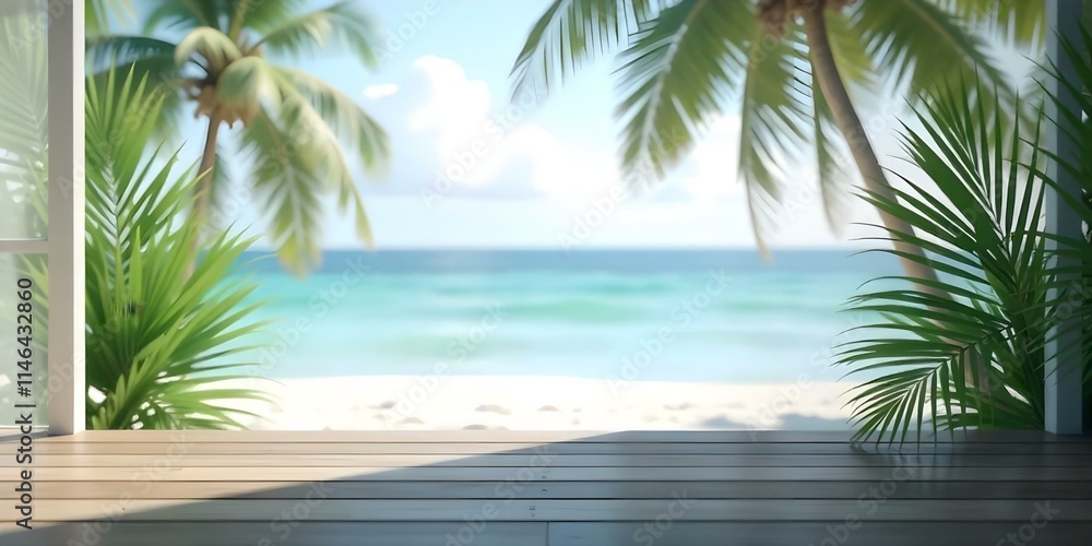 Wooden dock overlooking a tropical beach with palm trees and a calm, turquoise ocean in the background Wooden dock overlooking a tropical beach with palm trees and a calm, turquoise ocean in the background
