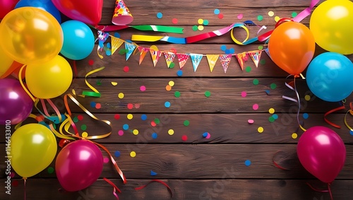 The Colorful Party Balloons, a party setup with colorful balloons (red, yellow, pink, blue, green), streamers, and confetti on a wooden table photo