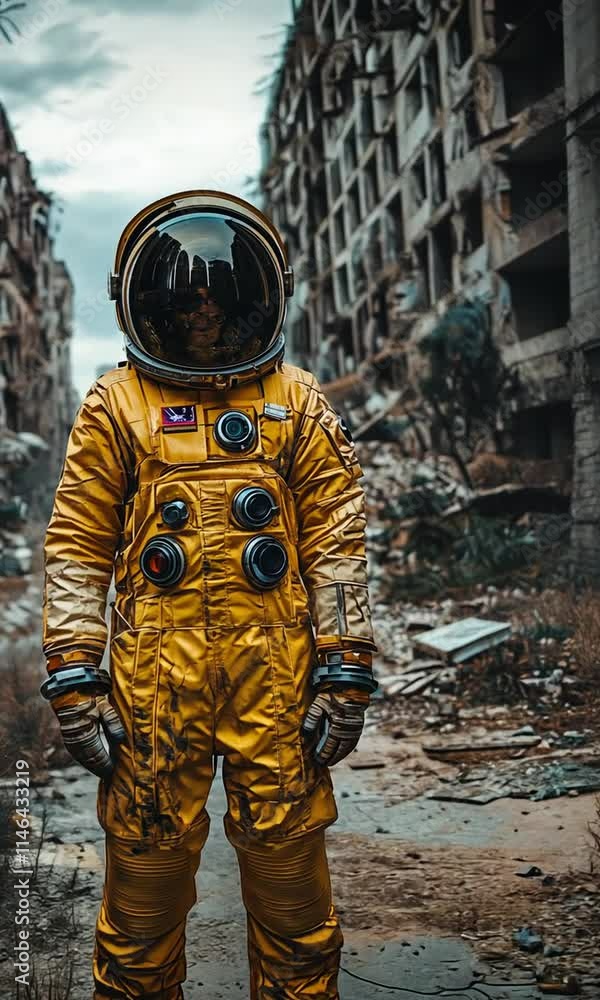A lone astronaut stands in a desolate urban landscape, surrounded by crumbling buildings and overgrown plants. A lone astronaut stands in a desolate urban landscape, surrounded by crumbling buildings and overgrown plants.