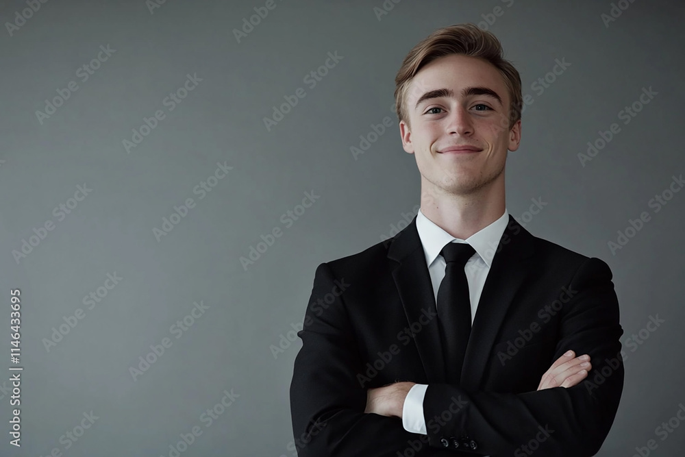 Smiling young businessman in black suit and tie with arms crossed looking aside on gray background--achievement, career success, wealth concepts with mockup copy space Smiling young businessman in black suit and tie with arms crossed looking aside on gray background--achievement, career success, wealth concepts with mockup copy space