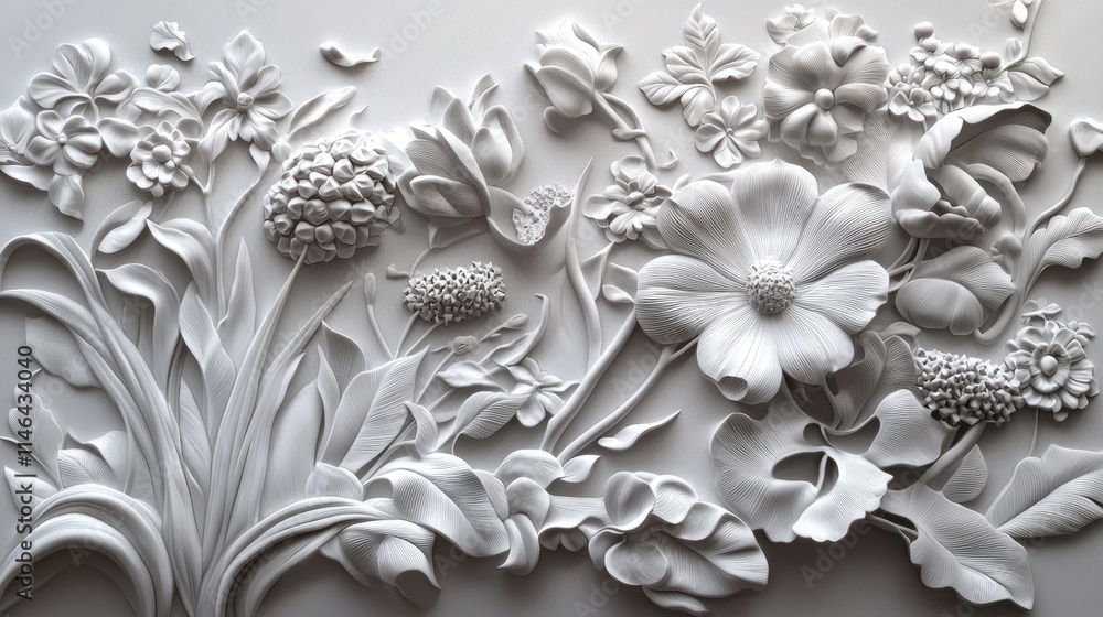Baroque 3D Bas Relief Floral Wallpaper with Ornate Botanical Designs Baroque 3D Bas Relief Floral Wallpaper with Ornate Botanical Designs