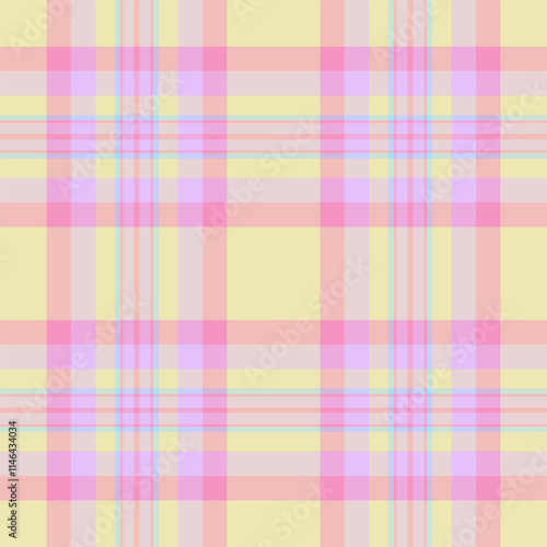 Gift paper tartan check plaid, trim textile pattern background. Ornate seamless fabric vector texture in light and pink colors.