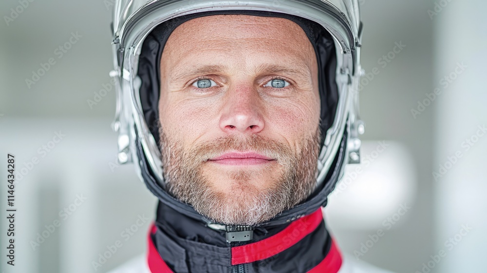 Close-up portrait of a man wearing a silver helmet. Close-up portrait of a man wearing a silver helmet.