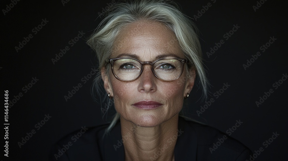 Portrait of a mature woman with blonde hair and glasses against a dark background. Portrait of a mature woman with blonde hair and glasses against a dark background.
