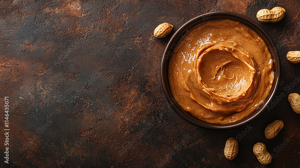 Peanut butter in bowl with peanuts on dark background copy space generated.AI Peanut butter in bowl with peanuts on dark background copy space generated.AI