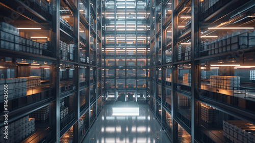 An interior shot of a futuristic urban warehouse shows vertical storage racks served by robotic pickers, efficiently retrieving items for rapid shipment to customers.