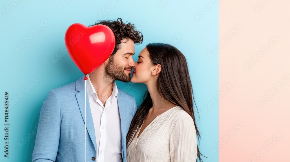 Romantic Couple Celebrating Valentine’s Day with Red Heart Balloon Romantic Couple Celebrating Valentine’s Day with Red Heart Balloon