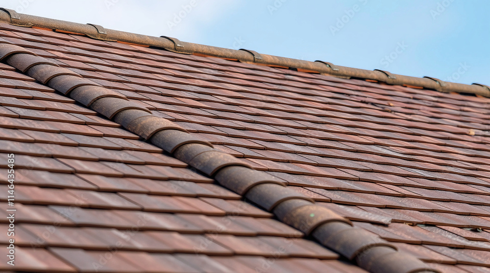 Close-up view of a roof displaying reddish-brown clay tiles. The tiles are arranged in an overlapping pattern, with a ridge tile visible along the roofline. The background features a clear blue sky. Close-up view of a roof displaying reddish-brown clay tiles. The tiles are arranged in an overlapping pattern, with a ridge tile visible along the roofline. The background features a clear blue sky.
