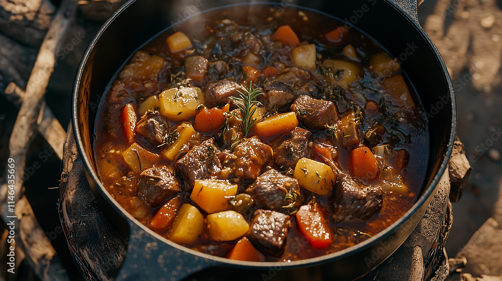 Realistic image of a hearty beef stew in a Dutch oven, with tender chunks of meat, root vegetables, and herbs. Realistic image of a hearty beef stew in a Dutch oven, with tender chunks of meat, root vegetables, and herbs.