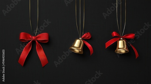 Small golden bells tied with bright red bows, set for holiday decorations with festive sparkle imagine minimalist vector art