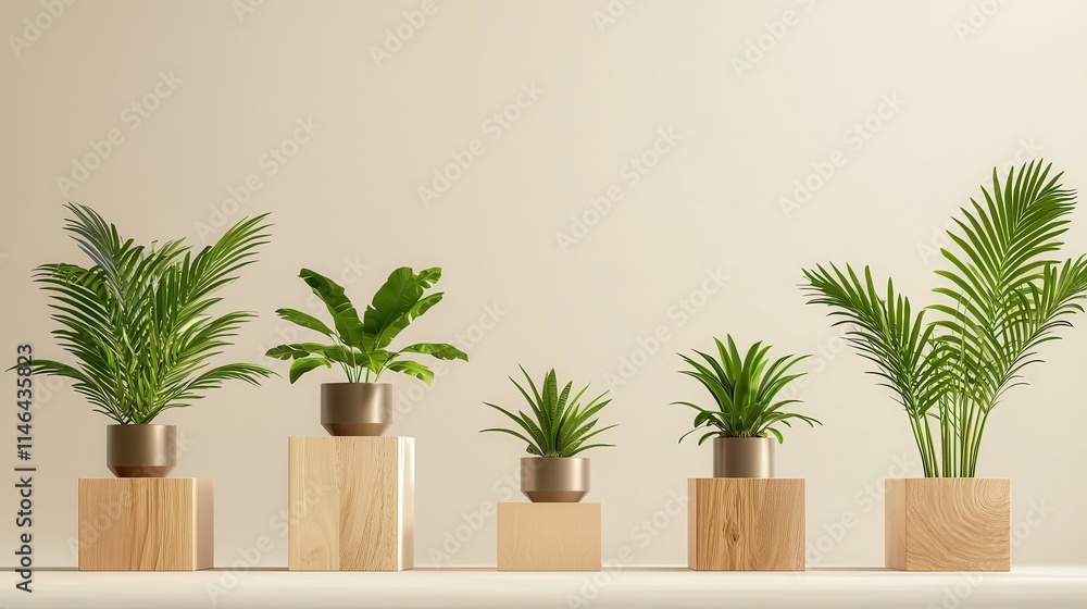 Fototapeta premium Wooden podiums adorned with lush green palm plants arranged in a row, perfect for showcasing products imagine minimalist vector art, geometric shapes