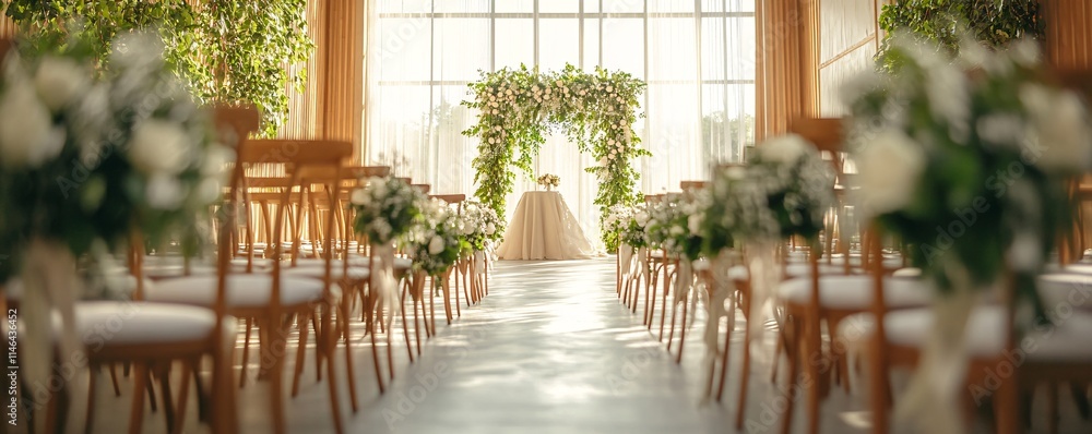Obraz premium Wedding ceremony venue decorated with greenery and white flowers awaiting guests