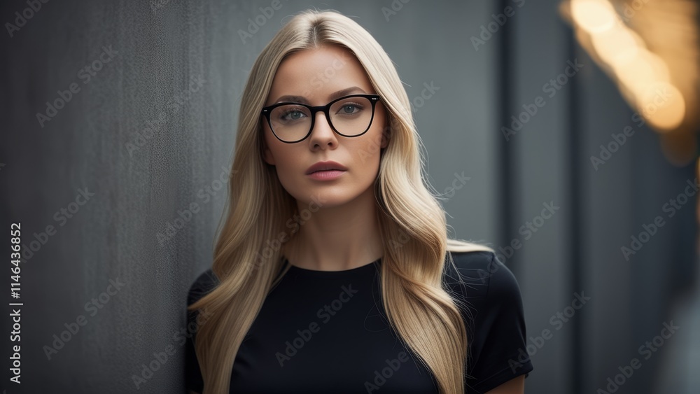 blonde in a black t-shirt stands by the wall blonde in a black t-shirt stands by the wall