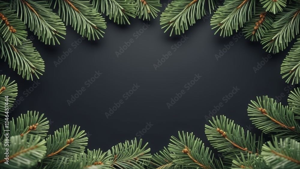 top view of black background surrounded by fir branches with empty center for text top view of black background surrounded by fir branches with empty center for text