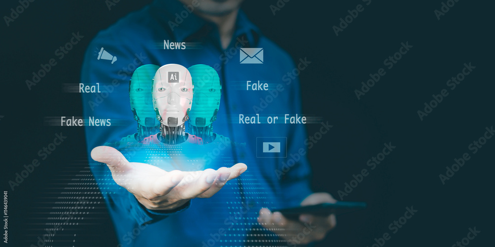 Fototapeta premium Fake News concept. Ai technology, Deepfake deep learning, deceptive stories, propaganda, lies, fabricated facts to control, manipulate opinion on internet and social media, person showing misleading