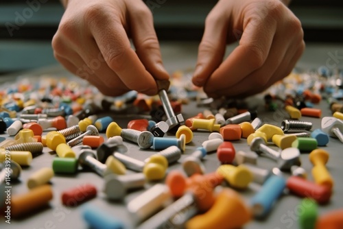 Manos con guantes organizando tornillos y tuercas de colores en un taller de reparación mecánica