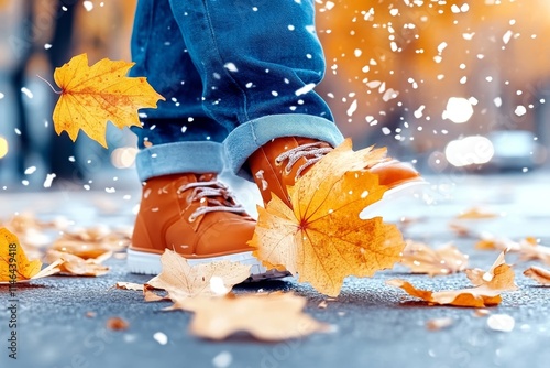 Las manos con guantes manipulan hojas caídas en un entorno otoñal lleno de colores vivos y nieve photo