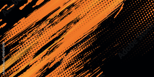 Halftone faded gradient texture with grunge brush strokes. Orange and black banner with grunge frame and dotted texture