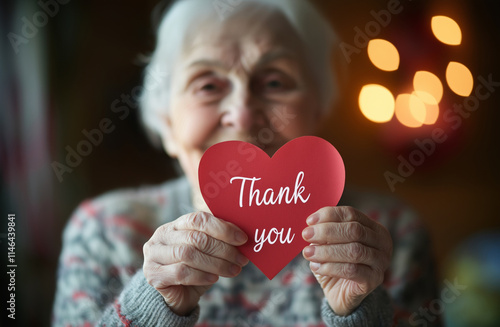 Elderly woman holding a thank you heart. Concept for International Thank You Day, for advertisement donations, charity, Valentine day.