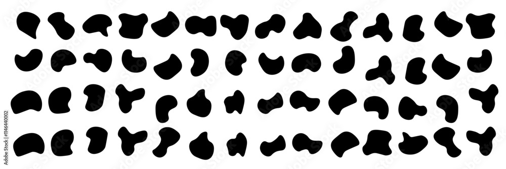Fototapeta premium Random blob circles silhouette icon set. An arrangement of black organic shapes. Isolated on a white background. Pebble, drops and stone silhouettes. eps10 55
