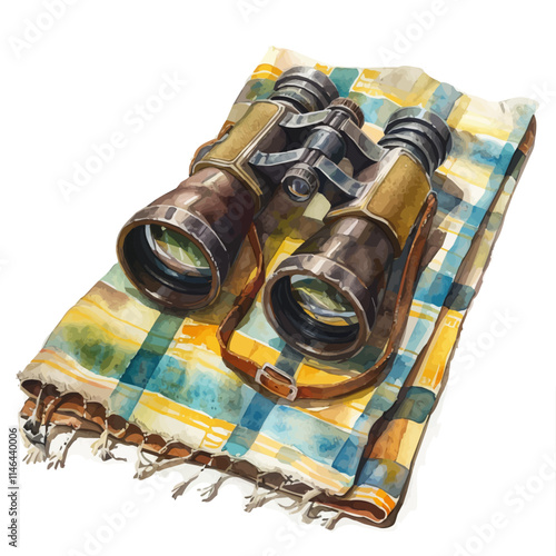 A watercolor vector of a pair of binoculars on a picnic blanket, isolated on a white background. Binoculars picnic blanket vector.
