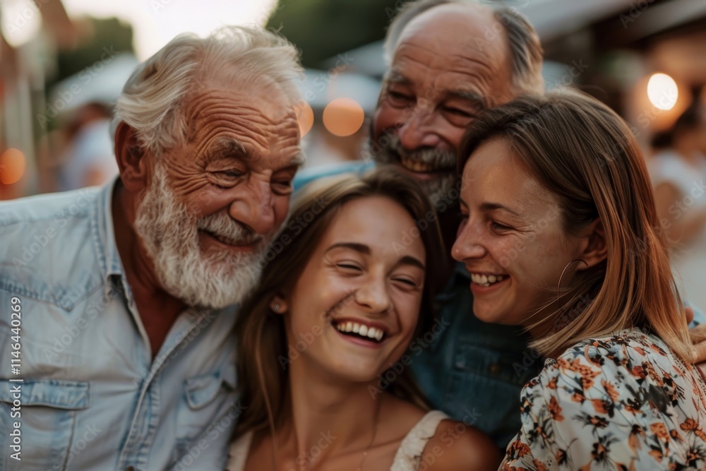Group of happy seniors having fun together at a summer party. Grandfather, grandmother and granddaughter laughing together. Group of happy seniors having fun together at a summer party. Grandfather, grandmother and granddaughter laughing together.