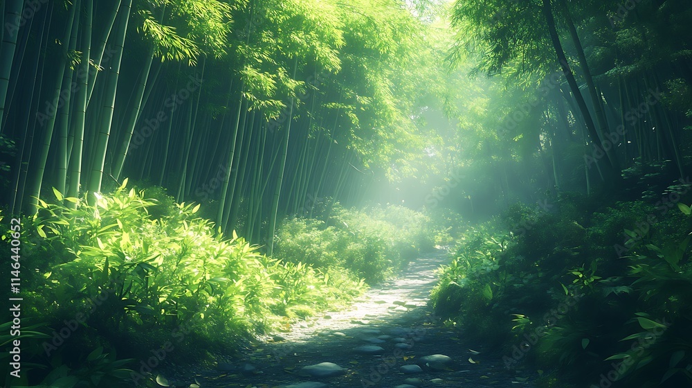 Obraz premium Photo of a path through a bamboo forest surrounded background